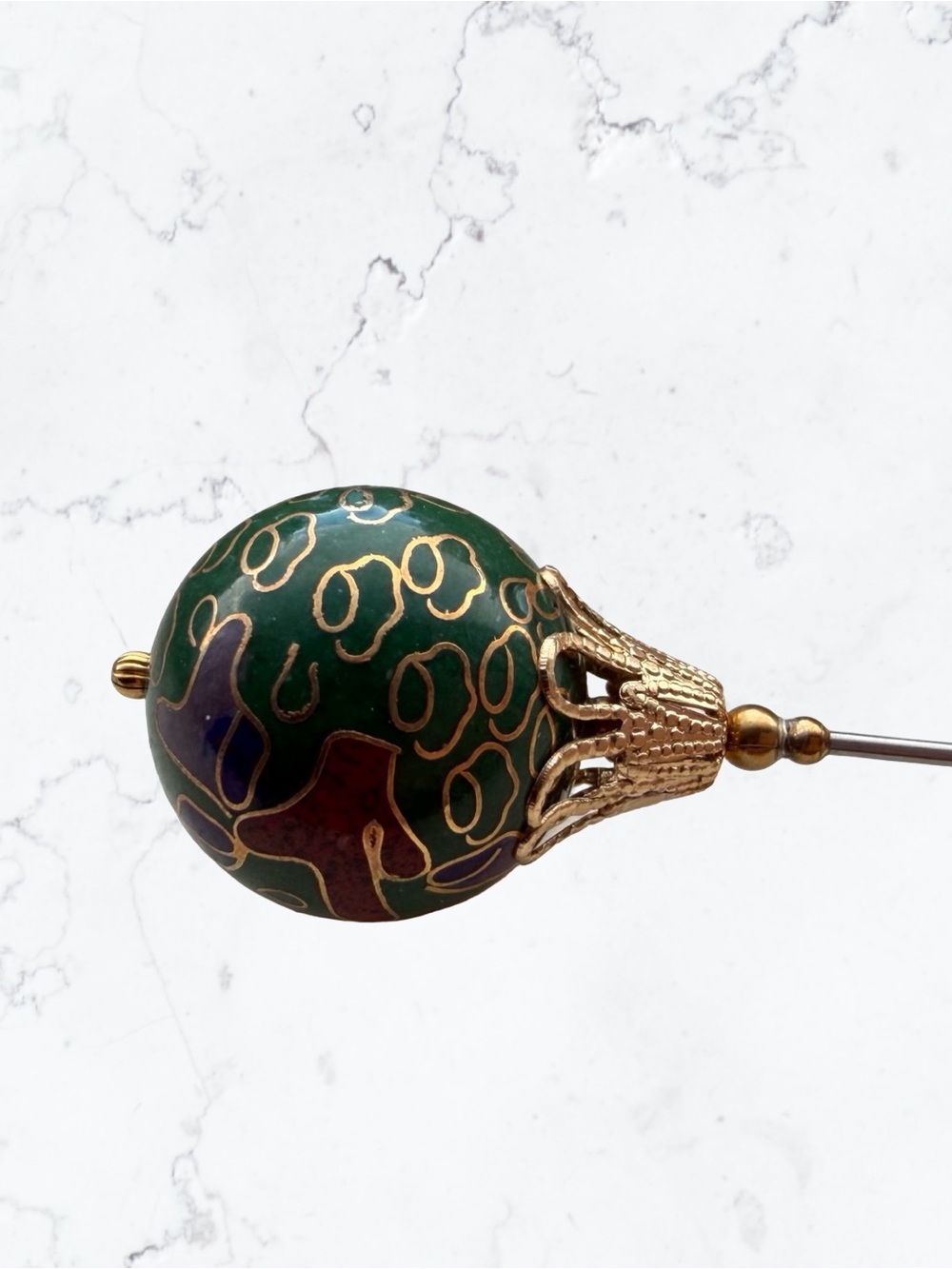 Vintage Chinese Cloisonné Floral Hat Pin Pink Green Enamel Gold Tone - Picture 2 of 9
